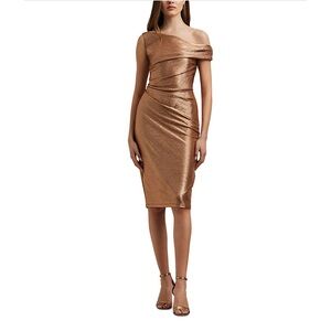 Lauren Ralph Lauren One Shoulder‎ Sheath Dress Metallic Champagne 12